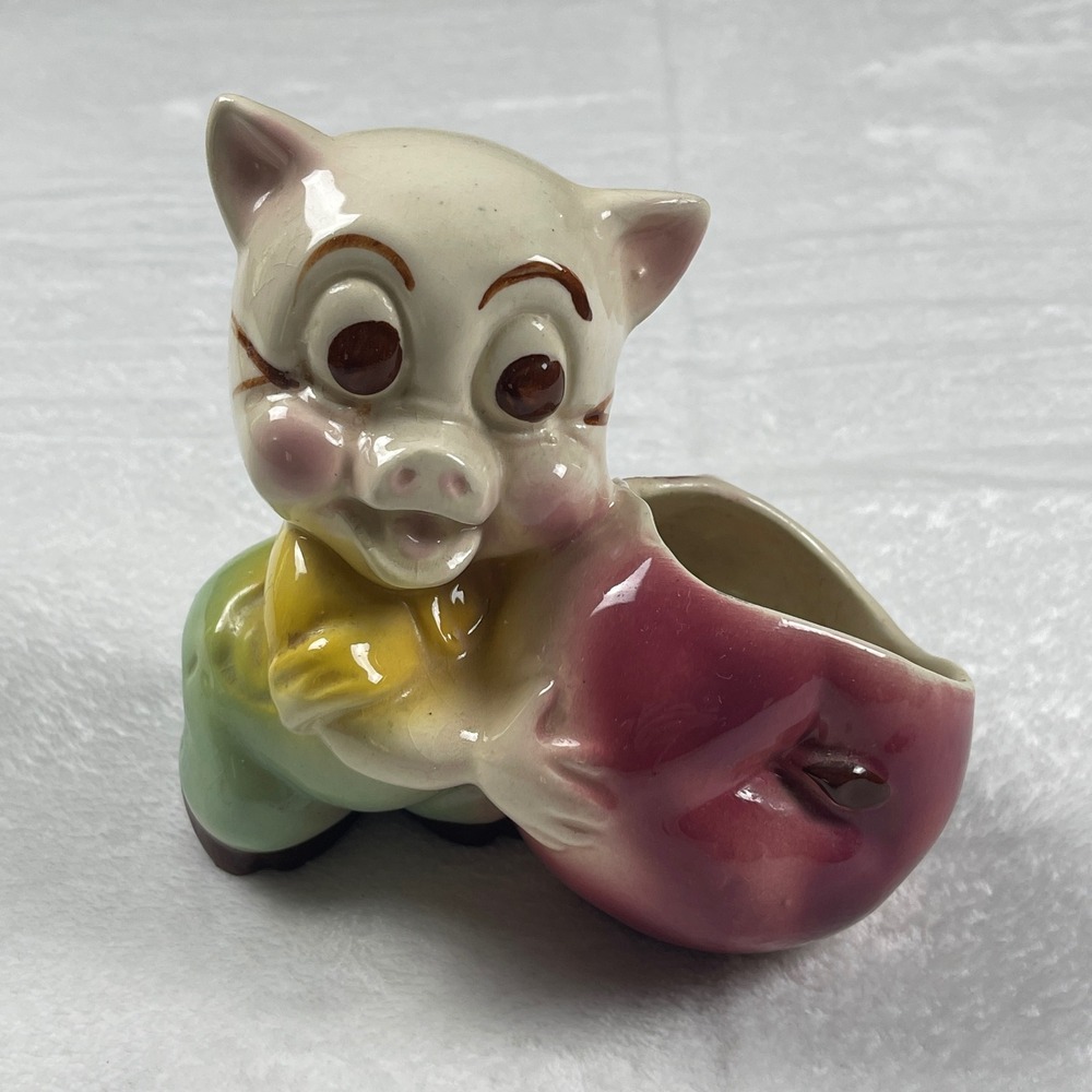 Vintage Ceramic Pig with Apple Planter Figurine Mid Century Kitsch Hand Painted